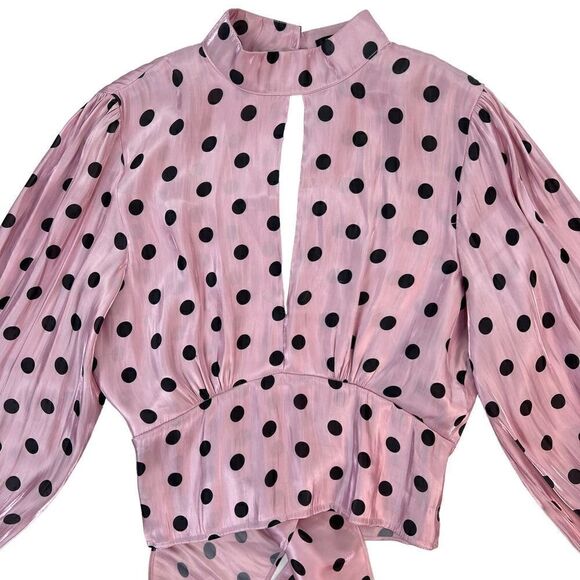 Pre-Loved Deco Lux Open Back Blouse Long Sleeve Crop Top Purple Black Dots US S - Picture 2 of 14